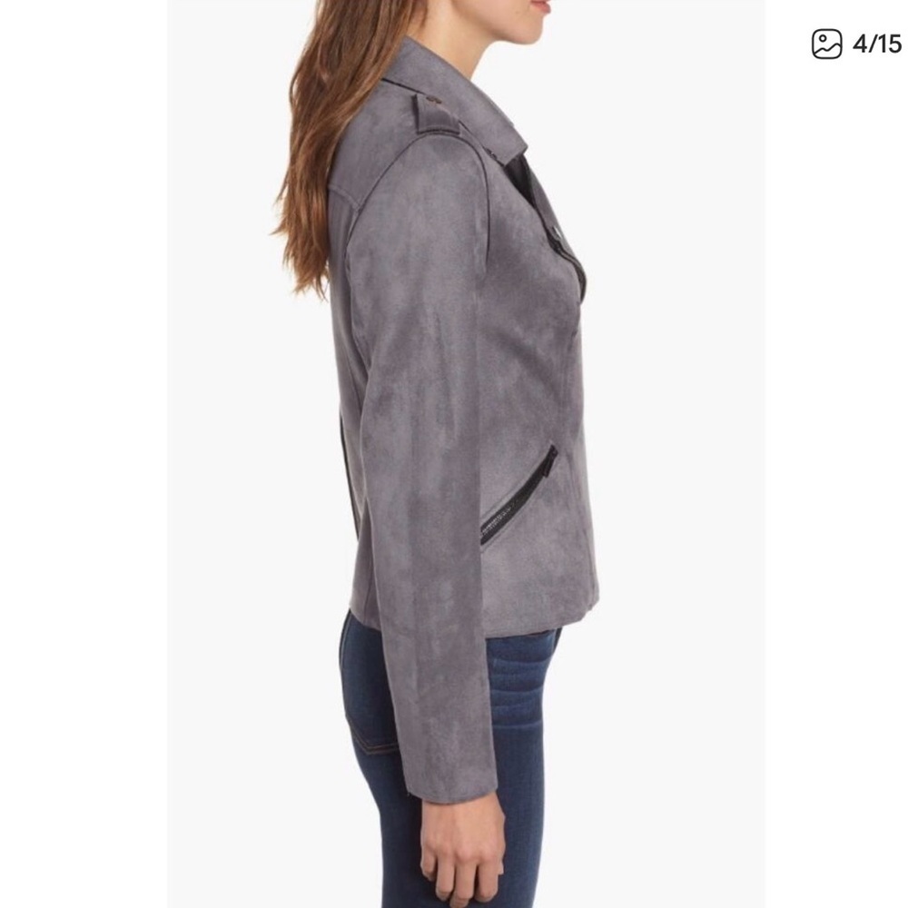 KUT from the Kloth Gray Faux Suede Moto Jacket Draped Front Zip Pockets Size L - Picture 3 of 8